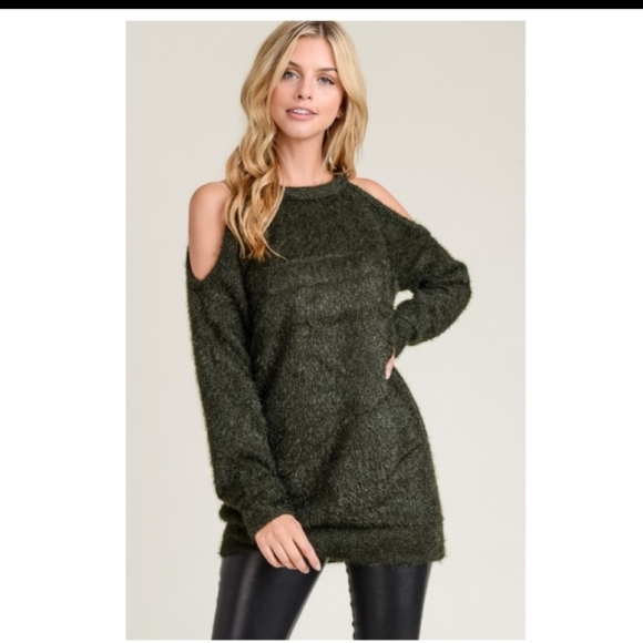 **SOLD**COLD-SHOULDER FUZZY SWEATER-DARK OLIVE - Picture 3 of 8